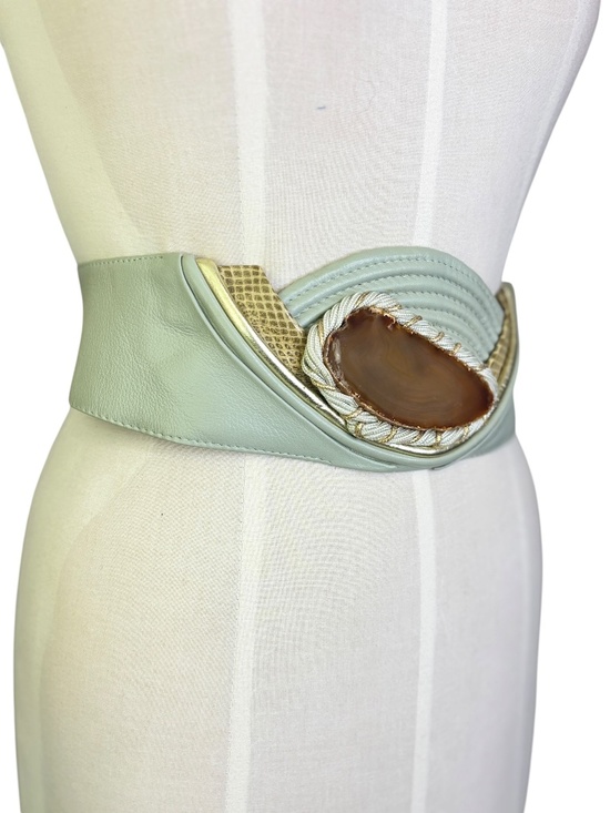 Vintage 80\'s Large Geode Statement Runway Mint Sage Leather Belt M/L main image 6